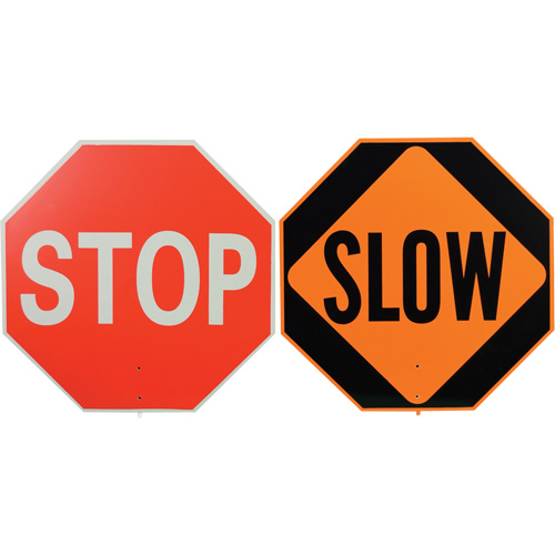 Panneau de signalisation &agrave; deux c&ocirc;t&eacute;s  Stop/Slow , 18" x 18", Plastique, Anglais avec pictogramme D. Morneault & Fils