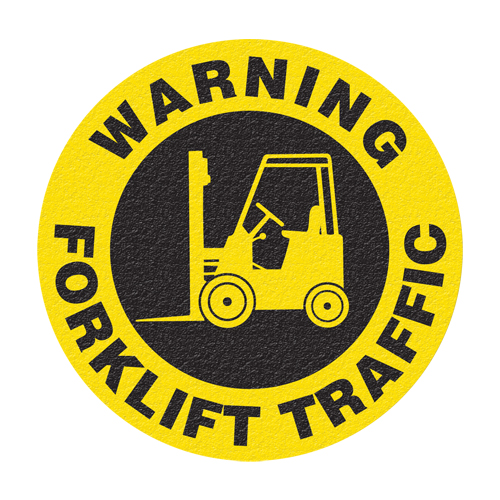 Panneau de signalisation au sol  Warning Forklift Traffic , Adh&eacute;sif, Anglais avec pictogramme D. Morneault & Fils
