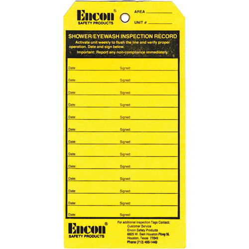 Emergency Shower & Eyewash Inspection Record Tag, Cardstock, 3-1/8" W x 6-1/4" H, English D. Morneault & Fils