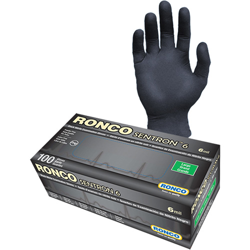 Gants d'examen jetables Sentron 6, Grand, Nitrile, 6 mils, Sans poudre, Noir, Classe 2 D. Morneault & Fils