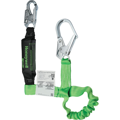 Miller&reg; StretchStop&reg; Shock-Absorbing Lanyard, 6', Locking Rebar Hook Center, Locking Snap Hook Leg Ends, Polyester D. Morneault & Fils