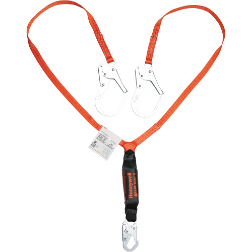 Titan Shock-Absorbing Lanyard, 6', Locking Rebar Hook Center, Locking Snap Hook Leg Ends, Polyester D. Morneault & Fils