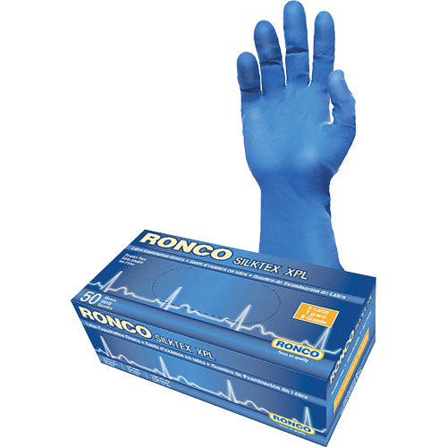 Gant d'examen extra long SilkTex XPL, T-Grand, Latex, 13 mils, Sans poudre, Bleu, Classe 2 D. Morneault & Fils