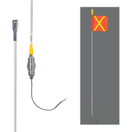 Tiges de s&eacute;curit&eacute; tout-temps de s&eacute;rie lourde avec lumi&egrave;re DEL constante Safety Whip, Fixation Ressort, Hauteur 12', Orange avec X r&eacute;fl&eacute;chissant D. Morneault & Fils