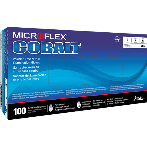 Gants d'examen d'usage multiple Microflex Cobalt N19, T-petit, Nitrile, 3,9 mils, Sans poudre, Bleu, Classe 2 D. Morneault & Fils