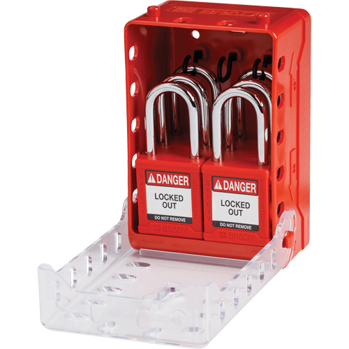Boîte de cadenassage de groupe ultra compacte avec cadenas de s&eacute;curit&eacute; en nylon, Rouge D. Morneault & Fils