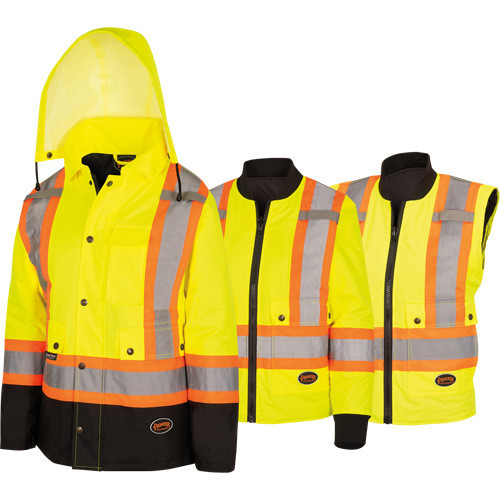 5021BBW Manteau 7 en 1 imperm&eacute;able pour femmes avec capuchon, Polyester/Polyur&eacute;thane, Jaune lime haute visibilit&eacute;, T-petit D. Morneault & Fils