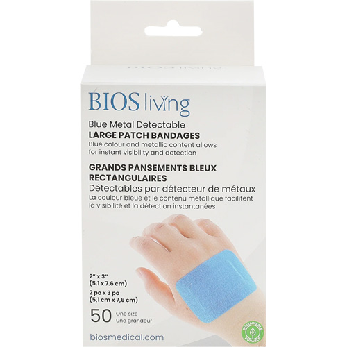 Blue Large Patch Bandages, Rectangular/Square, 3", Fabric Metal Detectable, Sterile D. Morneault & Fils