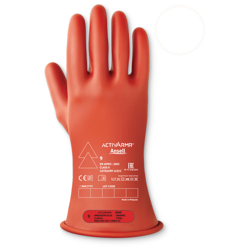 ActivArmr&reg; Electrical Insulating Class 0 Gloves, 9.5, 11" L, Level 1, ASTM D120/ATSM F2675:2021/IEC 614821-2:2014 D. Morneault & Fils