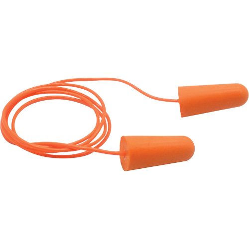 Bouchons d'oreilles coniques jetables en mousse de PU orange SEALTEC33, Avec cordon, Vrac - Boîte, 33 dB NRR, Taille unique D. Morneault & Fils