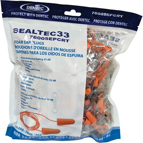 Bouchons d'oreilles coniques jetables en mousse de PU orange SEALTEC33, Vrac - Sac en poly, Avec cordon D. Morneault & Fils