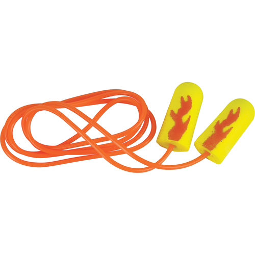 Bouchons d'oreilles &eacute;clat n&eacute;on jaune E-A-Rsoft, Vrac - Sac en poly, Avec cordon D. Morneault & Fils