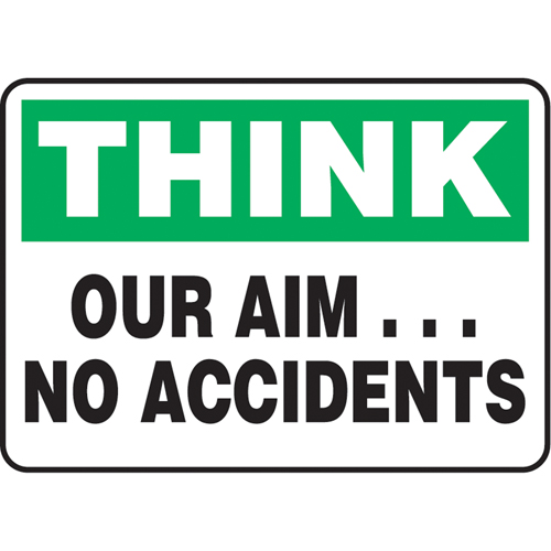 "Our Aim… No Accidents" Sign, 10" x 14", Aluminum, English D. Morneault & Fils