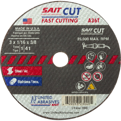 Cut-Off Wheel (A36T), 13" x 1/16", 3/8" Arbor, Type 27, Aluminum Oxide, 25000 RPM D. Morneault & Fils