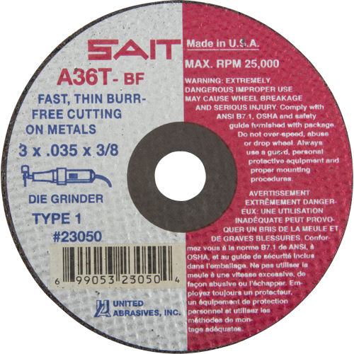 Cut-Off Wheel (A36T), 3" x 0.035", 3/8" Arbor, Type 27, Aluminum Oxide, 25000 RPM D. Morneault & Fils
