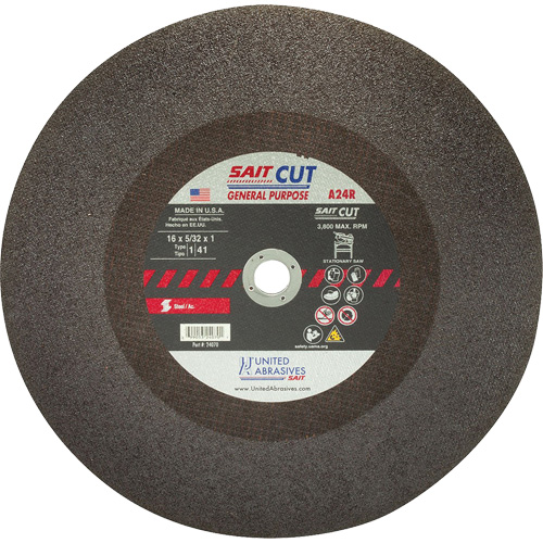 Cut-Off WHEEL A24R, 16" x 5/32", 1" Arbor, Type 1, Aluminum Oxide, 3800 RPM D. Morneault & Fils