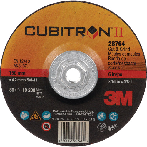 Cubitron II Quick Change Cut & Grind Wheel, 6" x 1/8", 5/8"-11 Arbor, Type 27, Ceramic D. Morneault & Fils