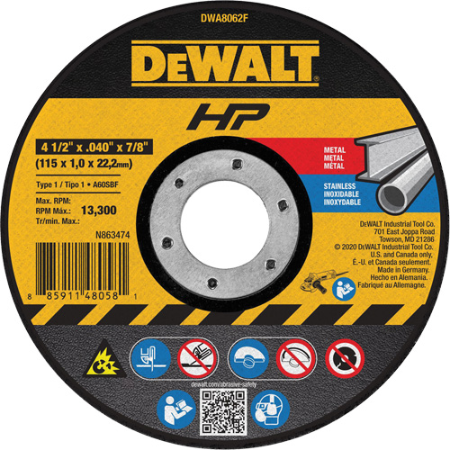Meule de tronçonnage des m&eacute;taux HP, 4-1/2" x 0,04", Arbre de 7/8", Type 1, Oxyde d'aluminium, 13 300 Tr/min D. Morneault & Fils
