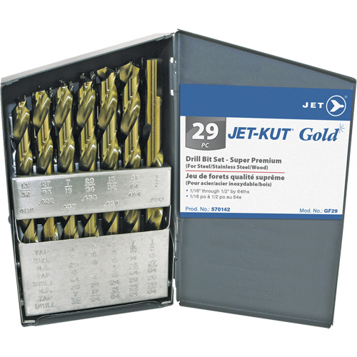 Jeu de forets de premi&egrave;re qualit&eacute; JET-KUT GOLD, 29 morceaux, Acier alli&eacute; D. Morneault & Fils
