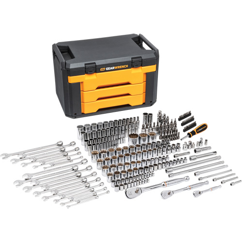 Jeu d'outils pour m&eacute;canicien &agrave; 12 pans dans boîte de rangement &agrave; trois tiroirs D. Morneault & Fils