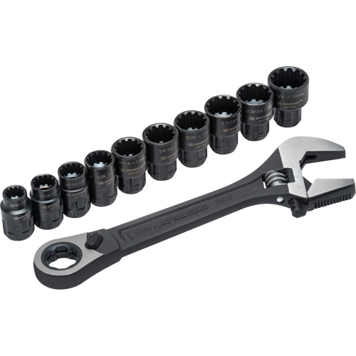 11-Piece Pass-Thru X6 Adjustable Wrench & Spline Socket Set, 13" L, 2-27/50" Max Width, Black Phosphate D. Morneault & Fils