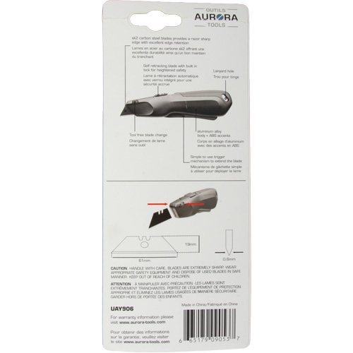 Couteau de s&eacute;curit&eacute; r&eacute;tractable , Acier inoxydable, Robuste, Prise en Plastique/Aluminium D. Morneault & Fils