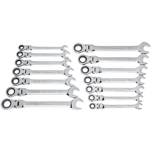 Jeu de cl&eacute;s &agrave; 12 pans et 72 dents, T&ecirc;te articul&eacute;e/Combinaison &agrave; cliquet, 14 morceaux, Imp&eacute;rial et m&eacute;trique D. Morneault & Fils