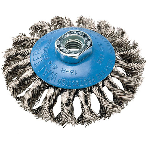 Knot-Twisted Saucer Cup Wire Wheel, 5" Dia., 0.02" Fill, 5/8"-11 Arbor, Aluminum/Stainless Steel D. Morneault & Fils