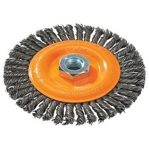 Brosse &agrave; fils nou&eacute;s pour cordons de soudure, Dia. 4", Fils 0,02", Arbre 5/8"-11, Acier D. Morneault & Fils