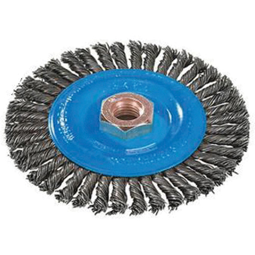 Brosse &agrave; fils nou&eacute;s pour cordons de soudure, Dia. 4", Fils 0,02", Arbre 5/8"-11, Aluminium/Acier inoxydable D. Morneault & Fils