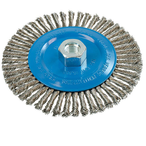 Knot-Twisted Stringer Bead Wire Wheel, 6" Dia., 0.02" Fill, 5/8"-11 Arbor, Aluminum/Stainless Steel D. Morneault & Fils