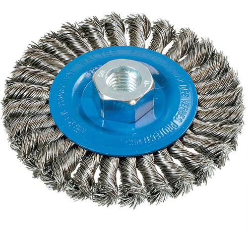 Wide Knotted Wire Wheel Brush, 4-1/2" Dia., 0.02" Fill, 5/8"-11 Arbor, Aluminum/Stainless Steel D. Morneault & Fils