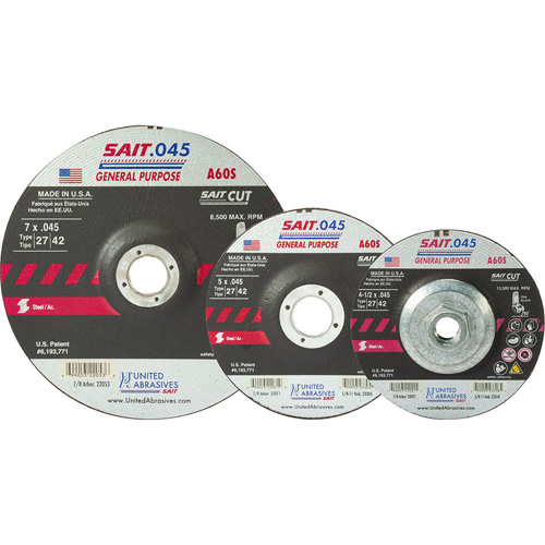Disque de coupe Sait, 5" x 0,045", Arbre de 7/8", Type 27, Oxyde d'aluminium, 12 200 Tr/min D. Morneault & Fils