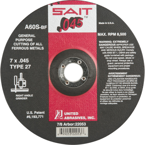 Depressed Center Cut-Off Wheel, 7" x 0.045", 7/8" Arbor, Type 27, Aluminum Oxide, 8500 RPM D. Morneault & Fils