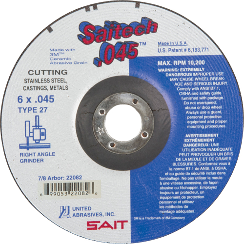 Cut-Off Wheel, 6" x 0.045", 7/8" Arbor, Type 27, Aluminum Oxide/Ceramic, 10200 RPM D. Morneault & Fils