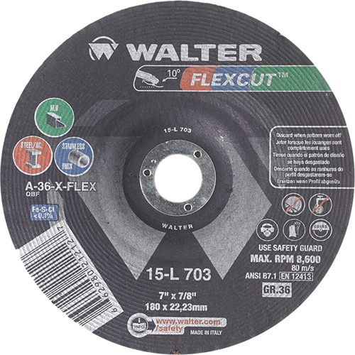 Flexcut Depressed Centre Grinding Wheels, 7", 36 Grit, Aluminum Oxide, 7/8", 8600 RPM, Type 29 D. Morneault & Fils