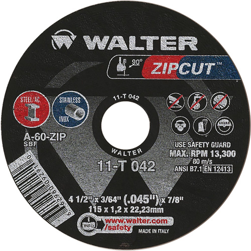 Zipcut Cut-Off Wheel, 4-1/2" x 3/64", 7/8" Arbor, Type 1, Aluminum Oxide, 13300 RPM D. Morneault & Fils