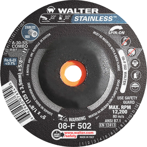 Depressed Centre Grinding Wheels - Stainless Type 27, 5" x 1/8", 5/8"-11 Arbor, Type 27S D. Morneault & Fils
