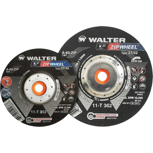 Meules &agrave; tronçonner renforc&eacute;es Zipcut vissables pour scies circulaires, 5" x 7/8", Arbre de 5/8"-11, Type 27, Oxyde d'aluminium, 12 200 Tr/min D. Morneault & Fils