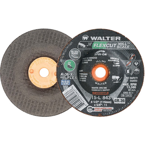 FLEXCUT MILL SCALE Grinding Wheel, 4-1/2", 36 Grit, Aluminum Oxide, 5/8"-11, 13300 RPM, Type 29 D. Morneault & Fils