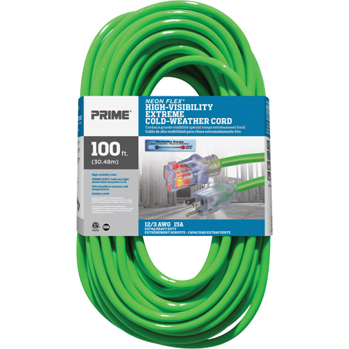 Neon Flex&reg; High Visibility Extension Cord, Outdoor, SJTW, 12/3 AWG, 15 A, 100' D. Morneault & Fils