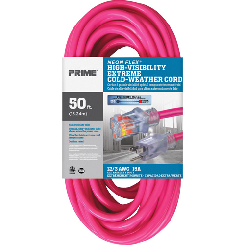 Cordon rallonge haute visibilit&eacute; Neon Flex, Ext&eacute;rieur, SJTW, AWG 12/3, 15 A, 50' D. Morneault & Fils