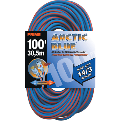 Cordon rallonge Arctic Blue, Toutes saisons, SJEOW, AWG 14/3, 13 A, 100' D. Morneault & Fils