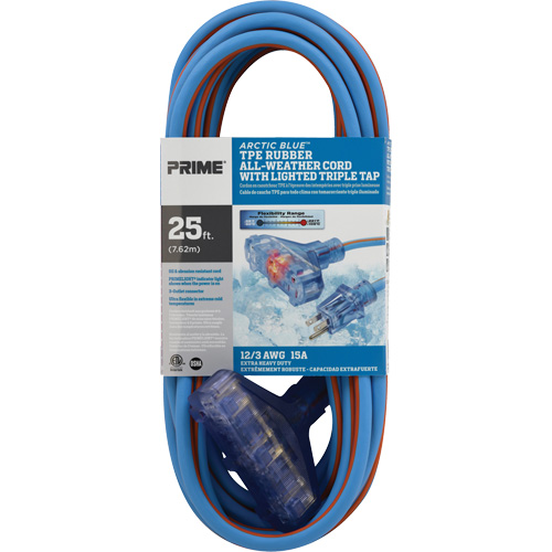 Cordons rallonges en caoutchouc TPE Arctic Blue, Toutes saisons, SJEOW, AWG 12/3, 15 A, 3 prise(s), 25' D. Morneault & Fils
