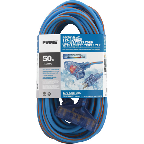 Cordons rallonges en caoutchouc TPE Arctic Blue, Toutes saisons, SJEOW, AWG 12/3, 15 A, 3 prise(s), 50' D. Morneault & Fils