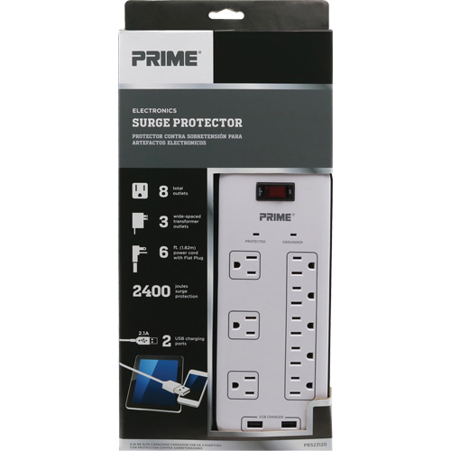 USB Charging Surge Protectors, 8 Outlets, 2400 J, 1875 W, 6' Cord D. Morneault & Fils