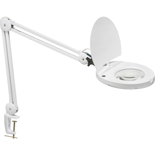 Lampe loupe DEL avec support en A, Dioptrie 3, Ampoule DEL, Bras de 47", Pinces serre-joints, Blanc D. Morneault & Fils