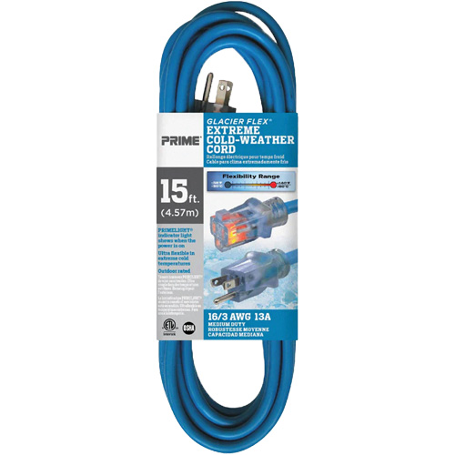 Cordon rallonge pour le froid extr&ecirc;me Glacier Flex, Ext&eacute;rieur, SJTW, AWG 16/3, 13 A, 15' D. Morneault & Fils