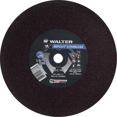 Meule &agrave; tronçonner Ripcut II pour la coupe de l'acier inoxydable sur scies fixes, 14" x 1/8", Arbre de 1", Type 1, Oxyde d'aluminium, 4400 Tr/min D. Morneault & Fils