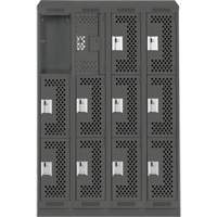 Clean Line Lockers, 3 -tier, Bank of 4, 48" x 18" x 82", Steel, Charcoal, Rivet (Assembled), Perforated D. Morneault & Fils
